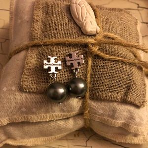 Tory Burch Logo Pearl Drop Earrings